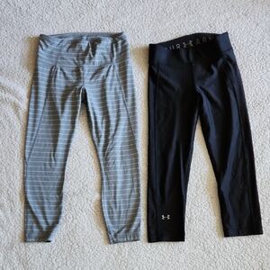 Athleta Gray Striped Capri Leggings and Under Armour Black Capri Leggings Sz S